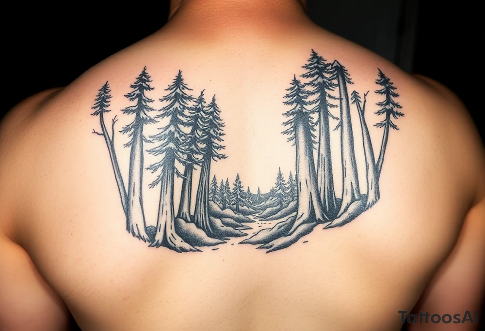 A forest with a doorway that is slightly ajar, leading to space tattoo idea