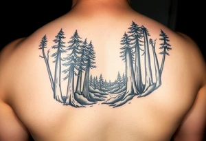 A forest with a doorway that is slightly ajar, leading to space tattoo idea