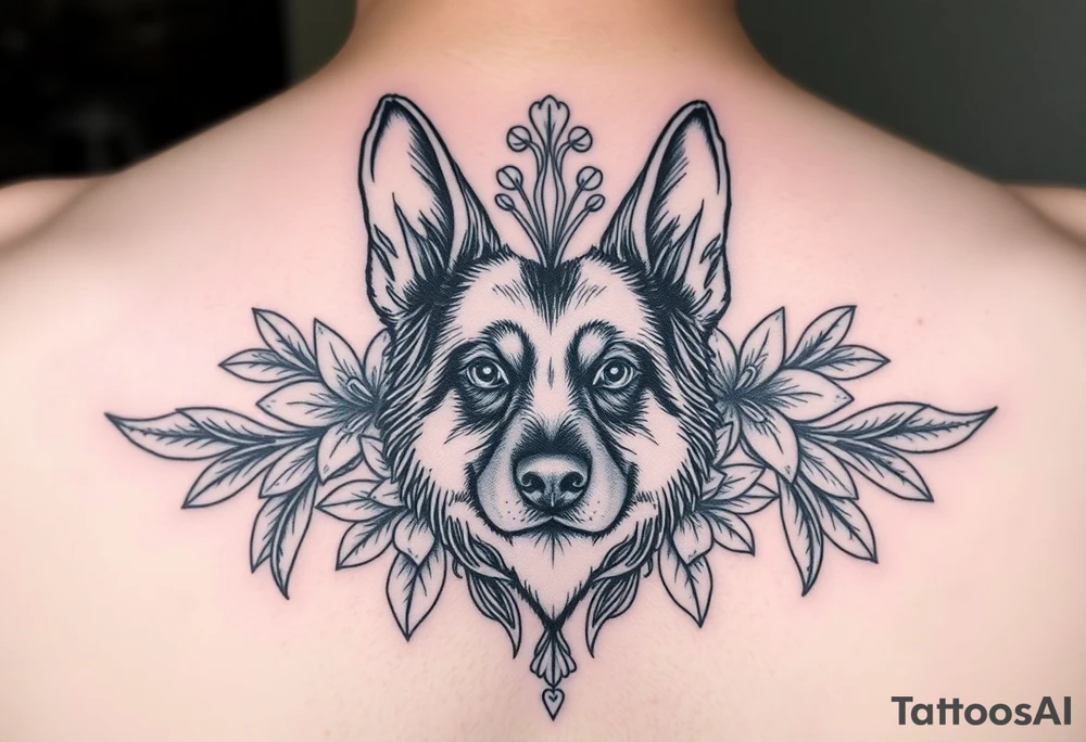 german shepherd floral lilies colour sacred heart tattoo idea