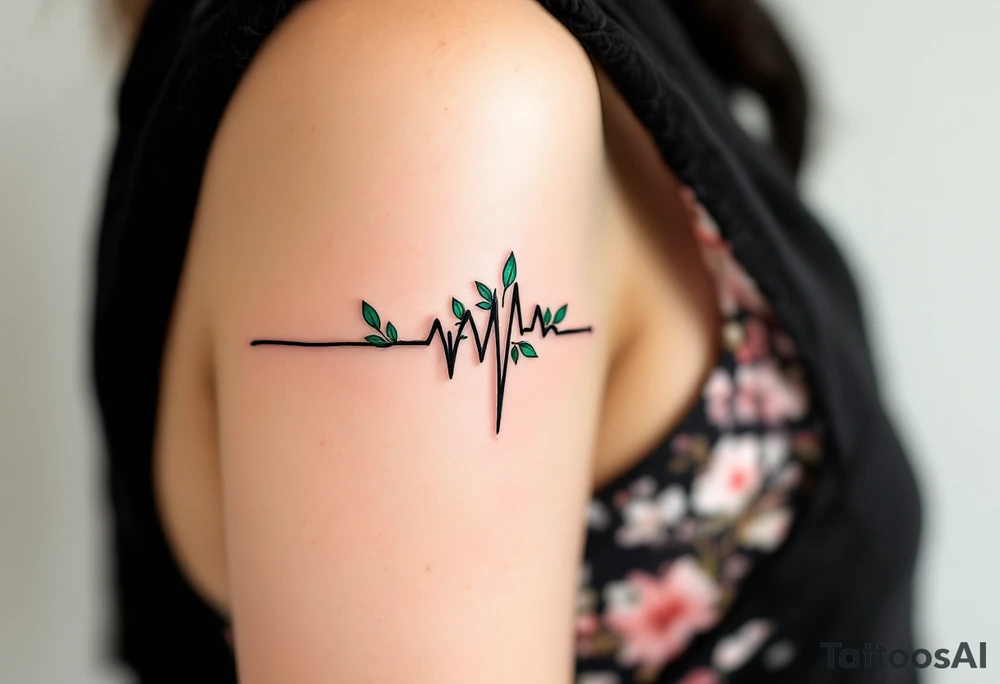 A black EKG line with small emerald green leaves at the peaks, representing life, growth, and nature. tattoo idea