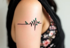 A black EKG line with small emerald green leaves at the peaks, representing life, growth, and nature. tattoo idea