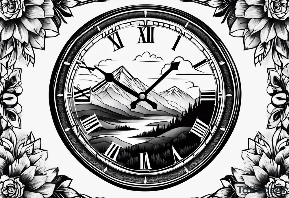 clock with landscape tattoo idea