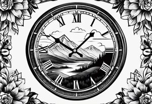 clock with landscape tattoo idea