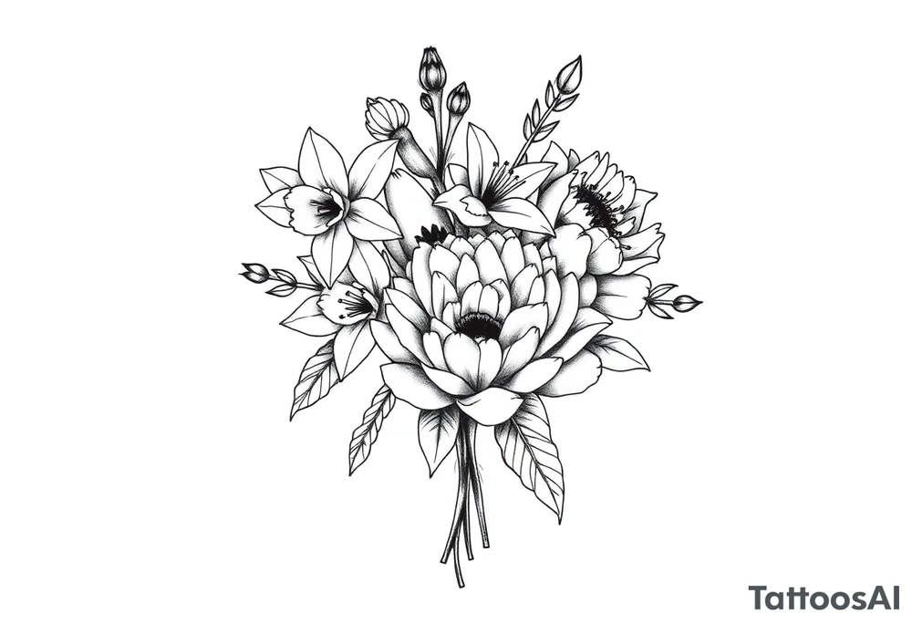 small daffodils, jonquils, chrysanthemum and peony in a bouquet tattoo idea