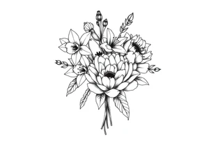 small daffodils, jonquils, chrysanthemum and peony in a bouquet tattoo idea