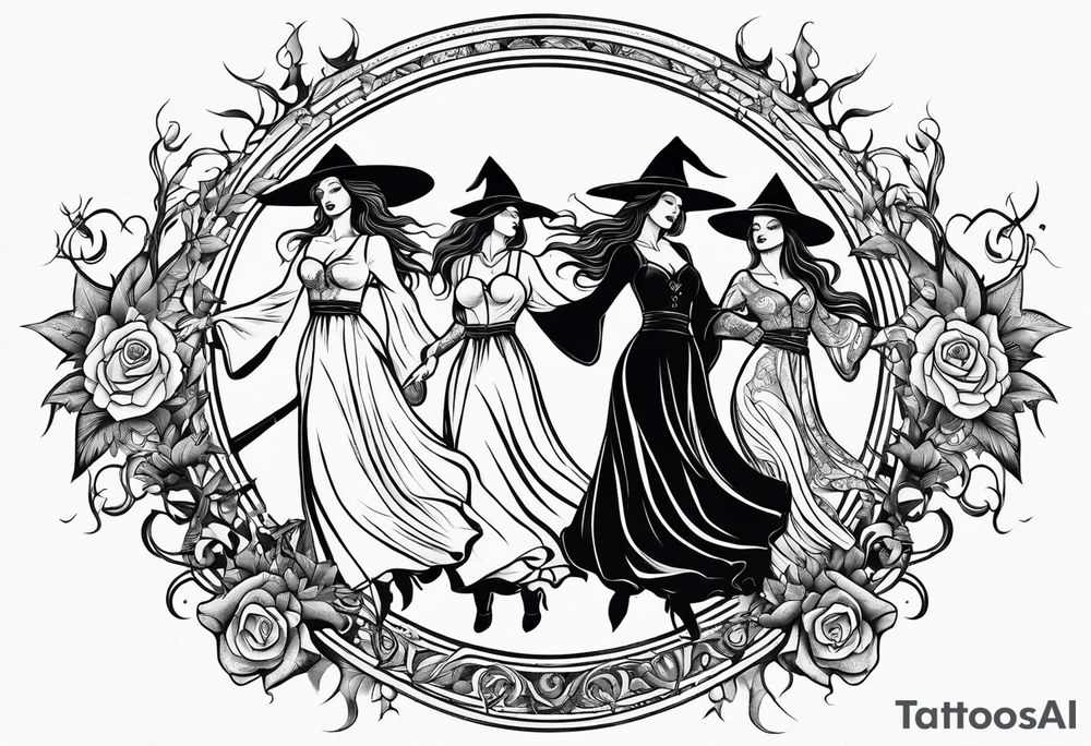 Three witches dancing to the moon in a black work style tattoo idea