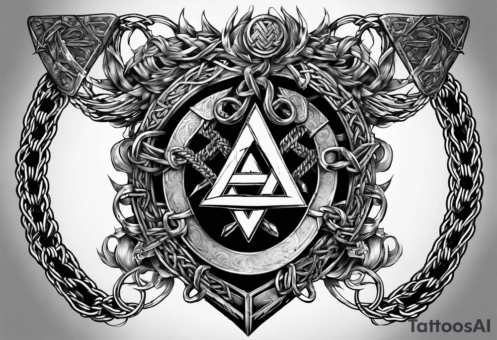 Valhalla sword shield  axe Valknut barbed wire chains tattoo idea