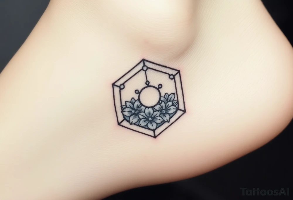 Hexagon with a constellation sign for Leo, larkspur and water lilies in the center tattoo idea