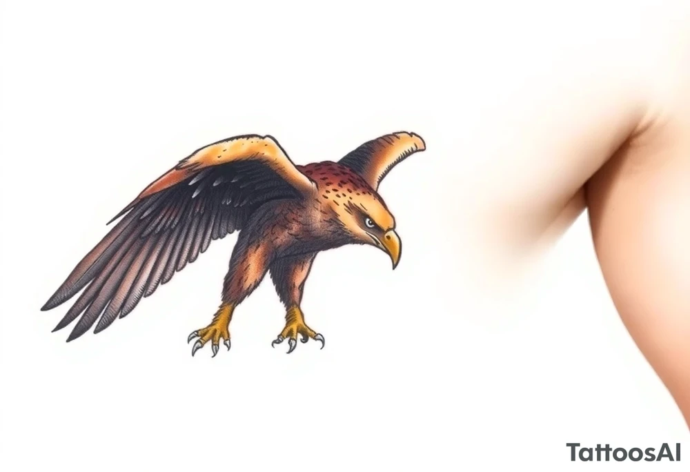 A soaring eagle with fully extended wings, painted in shades of deep brown and gold, its talons reaching forward in mid-flight. tattoo idea