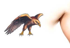 A soaring eagle with fully extended wings, painted in shades of deep brown and gold, its talons reaching forward in mid-flight. tattoo idea