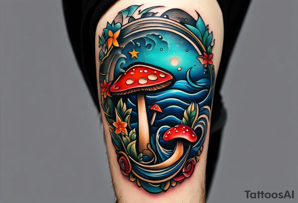 lots of empty space with simple line of icons down the back of the arm. there are four icons in this order:

1. a music note on a staff
2. a wave of water
3. a pocket
4. mushroom tattoo idea