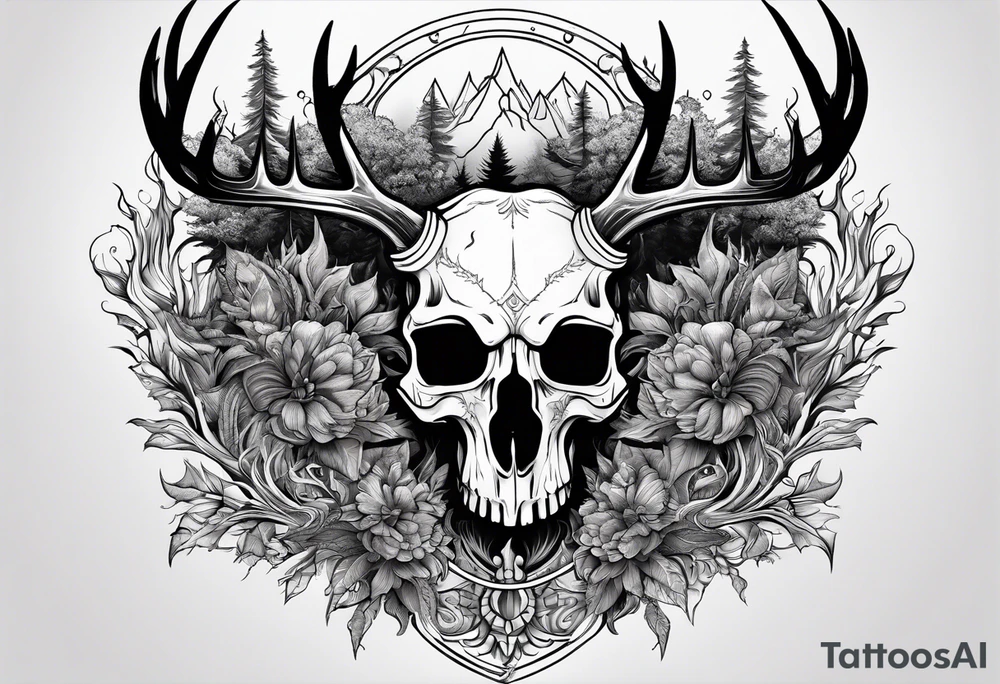 A human with a deer skull head, flames and trees tattoo idea