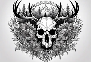 A human with a deer skull head, flames and trees tattoo idea