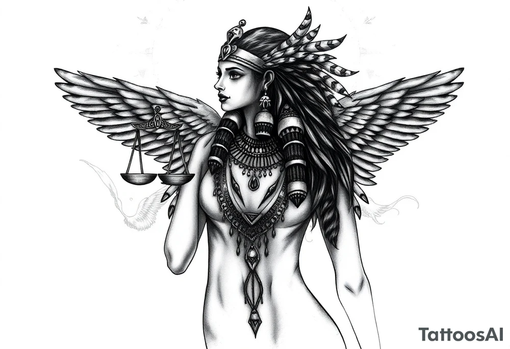 Sexy Egyptian goddess with a curvy body, breasts showing, and wide hips. She is wearing an ostrich feather headdress, and intricate ancient Egyptian jewelry. Background includes something similar to heaven. Incorporate the Scales of Justice—one side holding a heart, the other Ma’at’s feather—glowing with ethereal energy. Emphasize dramatic lighting, deep shadows, and surreal, mystical atmosphere tattoo idea