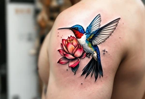 A Hummingbird Drinking from a Lotus Flower (only red, blue and black are possible colors) tattoo idea