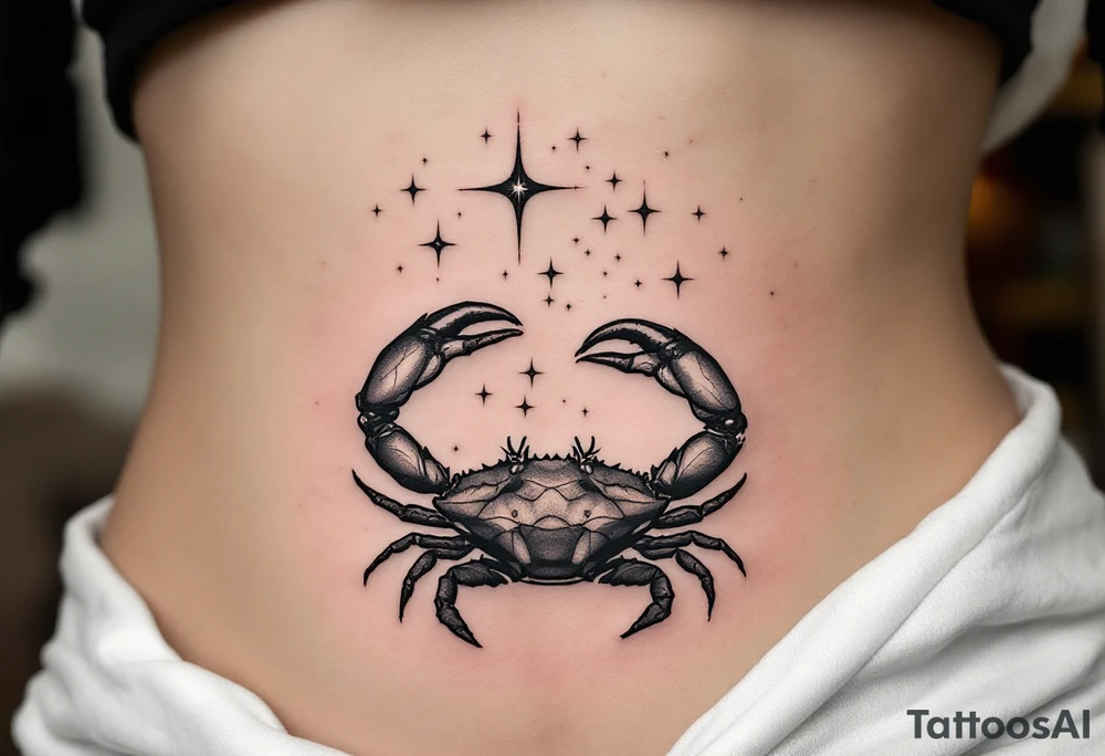 A monochrome Cancer crab is shaded in black and gray beneath astrological star constellation stars glowing in white ink. tattoo idea