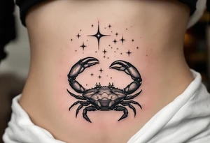 A monochrome Cancer crab is shaded in black and gray beneath astrological star constellation stars glowing in white ink. tattoo idea