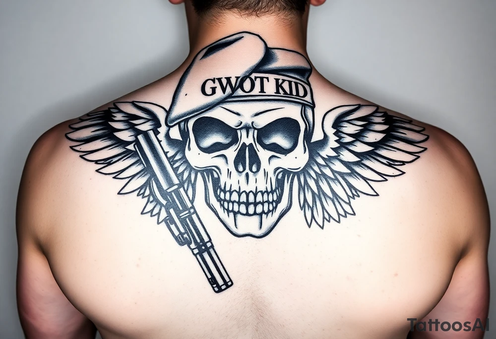 Create me military tattoo with skull, rifle, beret on skull and word that say GWOT kid with wings tattoo idea