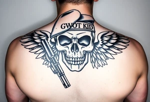 Create me military tattoo with skull, rifle, beret on skull and word that say GWOT kid with wings tattoo idea