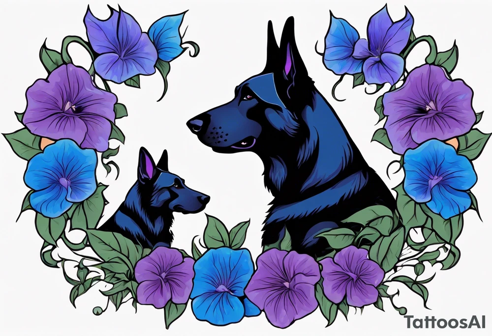 Black German shepherd face surrounded by blue and purple morning glories tattoo idea