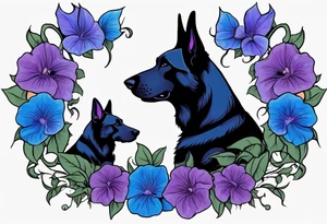 Black German shepherd face surrounded by blue and purple morning glories tattoo idea