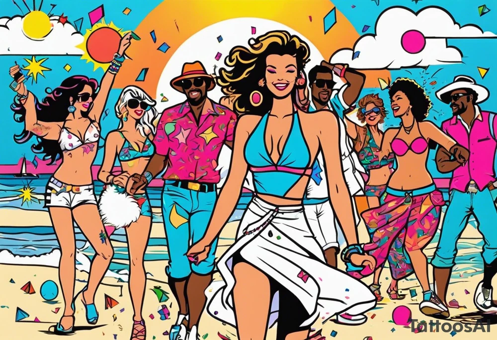 1980's miami vice style beach dance 
party, include confetti, music notes, boom box, bikinis sunset in the center tattoo idea