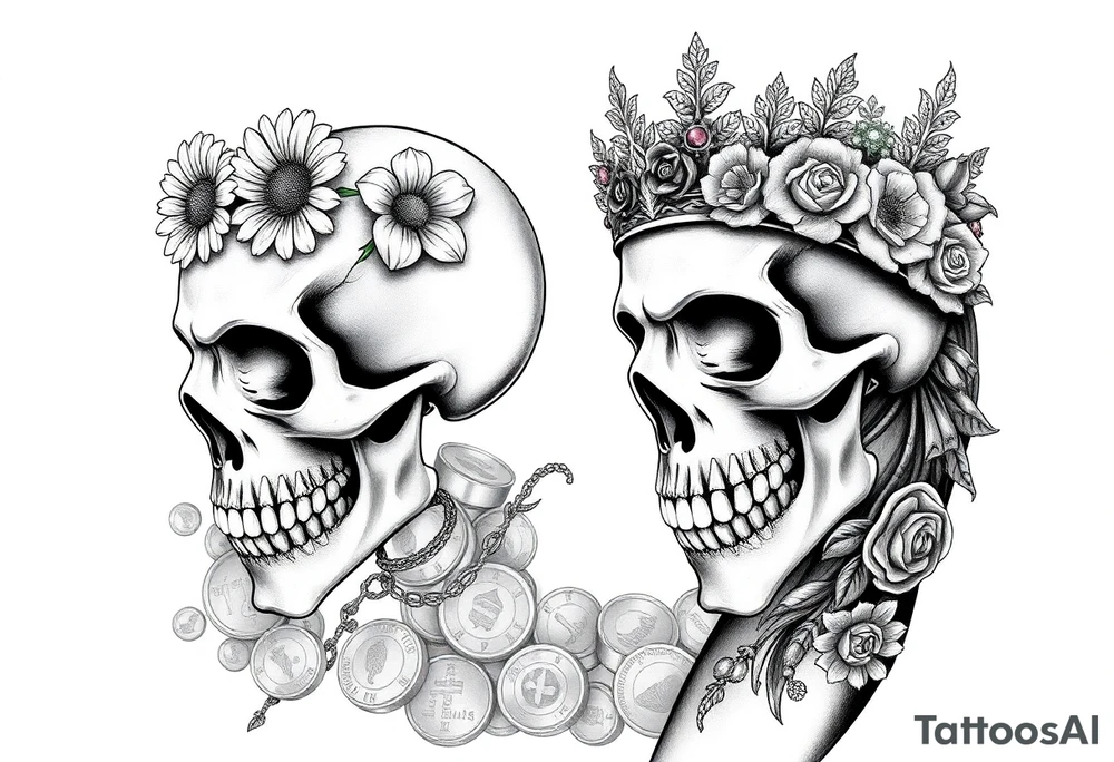 ornate man and woman’s skulls both adorned with a crown and the woman’s skull should have a crown of wild daisies roses with Thornes. The mans should have emeralds. With a background of gold coins and rubys treasure tattoo idea