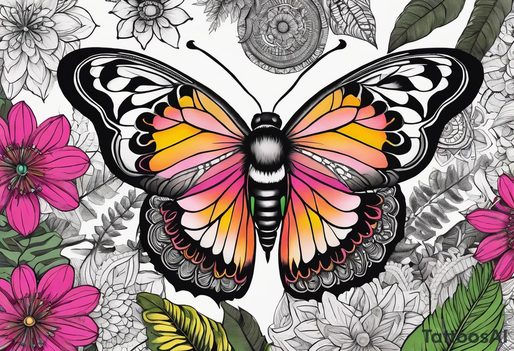 Botanical garden with ferns, black, white, green, orange, yellow, pink, Fuschia, Madagascan  moth, bee, mandalas, colorful, boho tattoo idea