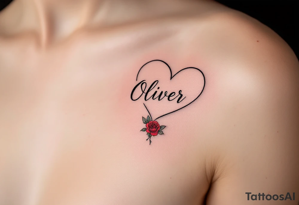 A simple black heart outline, with name "Oliver" elegantly engraved inside, accompanied by a small red rose at the bottom, representing timeless love. tattoo idea