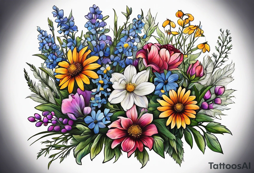 mixed wildflower bouquet detailed with color tattoo idea