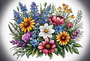 mixed wildflower bouquet detailed with color tattoo idea