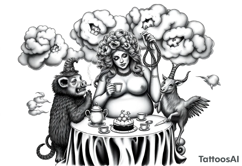 Storm clouds naked fat lady having a tea party with tea pots and 
with a pig, peacock, noose, lion, goat, smoking cigerettes looking in the mirror having sex with a man eating a cake thru storm clouds with knife and broken hearts and darkness and wrath, envy , gluttony, greed, sloth, pride kill tattoo idea
