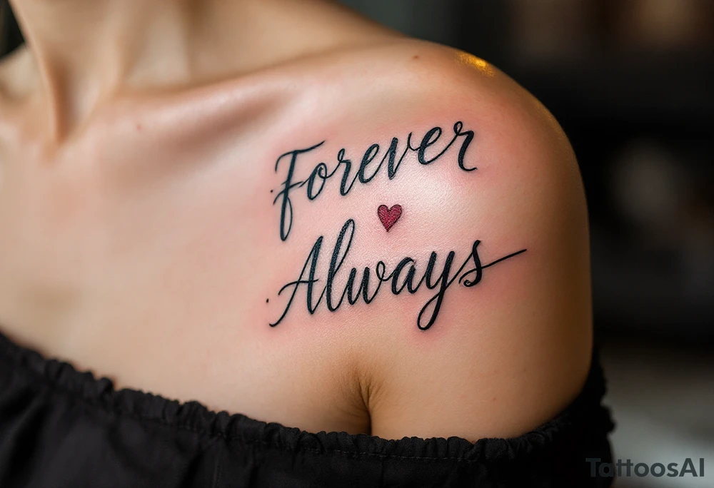 Elegant script “Forever” in burgundy on her shoulder and “Always” in navy for his shoulder inked over the heart show eternal devotion. tattoo idea