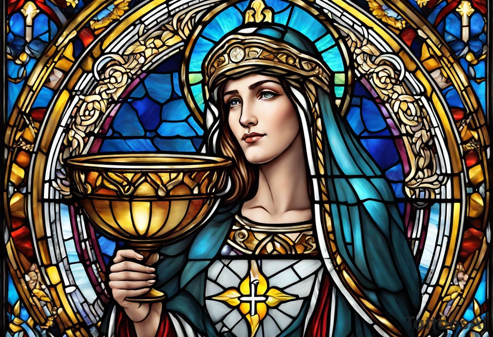 holy saint woman with halo stained glass holding a chalice with artillery tattoo idea