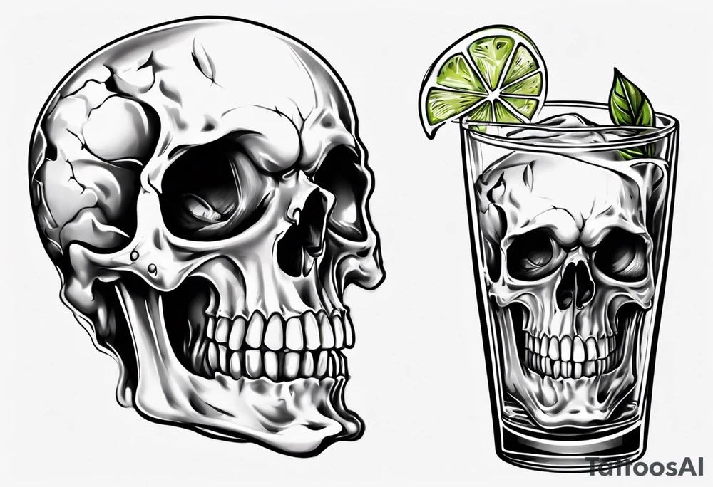 A smiling looking to the left scull inside the glass with alcohol and piece of lime tattoo idea