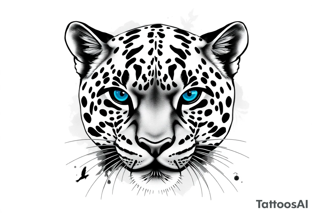 The jaguar should look strong, elegant, and slightly mysterious.

I want it to have striking, deep blue eyes – that’s an important feature.

Style: I’m open to realism or slightly stylized, but it should still look powerful and beautiful.

The expression should show confidence or calm focus – not aggressive, but alert and intelligent.

Background: Can be minimal or with subtle nature elements (like mist, forest shadows, or moonlight) – nothing too busy.

I’d like the overall composition to feel balanced and meaningful, something that represents inner strength and independence. I want it to look more realistic tattoo idea