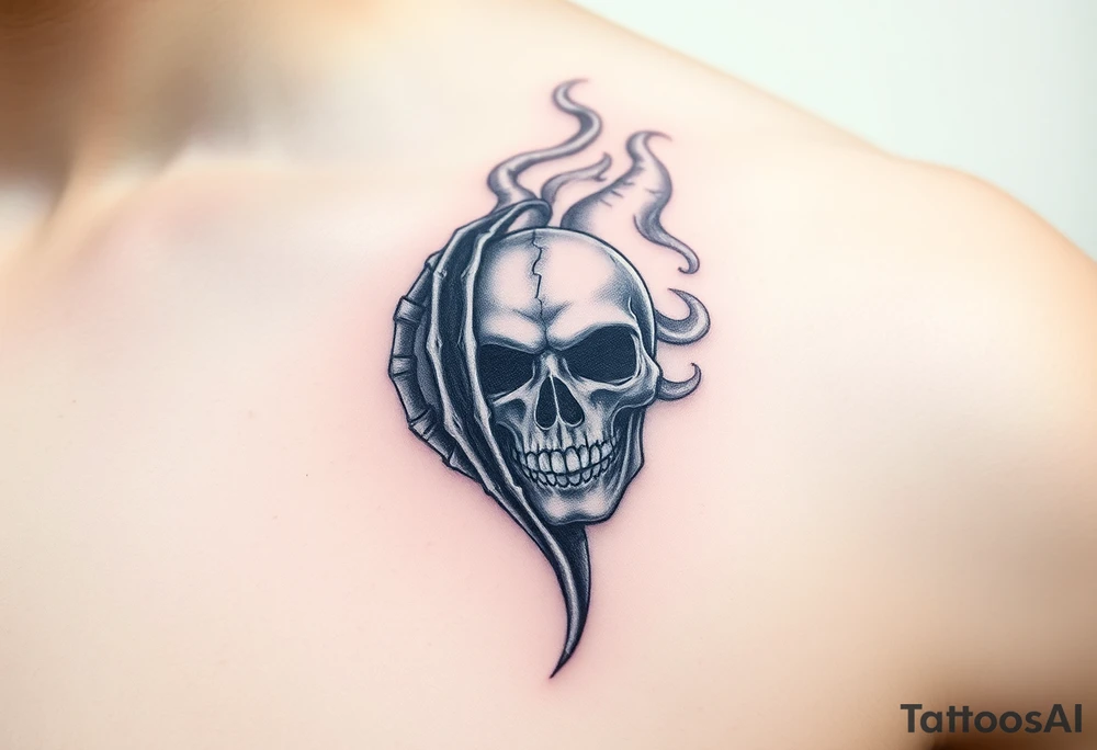 A skeletal hand holding a cracked Death Eater mask, with mist swirling around it, symbolizing secrecy and power tattoo idea