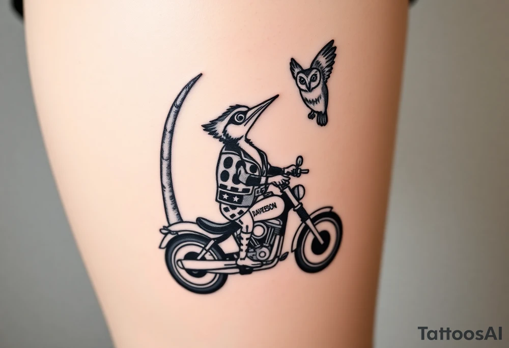 Woody the woodpecker wearing a leather vest that says peckerwoods, on a Harley Davidson under a palm tree, gazing in love at a barn owl tattoo idea
