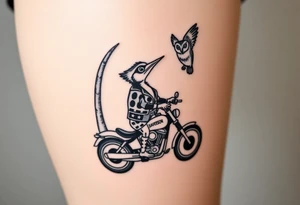 Woody the woodpecker wearing a leather vest that says peckerwoods, on a Harley Davidson under a palm tree, gazing in love at a barn owl tattoo idea