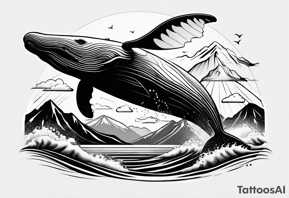 breaching humpback whale with a mountain scene behind it tattoo idea