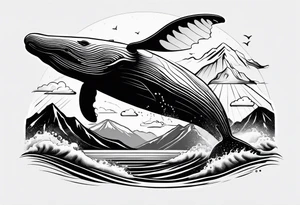 breaching humpback whale with a mountain scene behind it tattoo idea