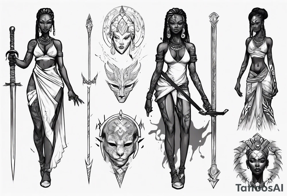 African female full body valkyre slim face holding out sword tattoo idea