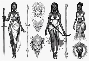 African female full body valkyre slim face holding out sword tattoo idea