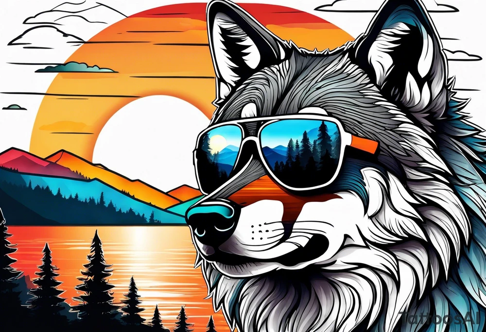 Badass wolf wearing sunglasses
Dark woods
Mountains
Sunset tattoo idea