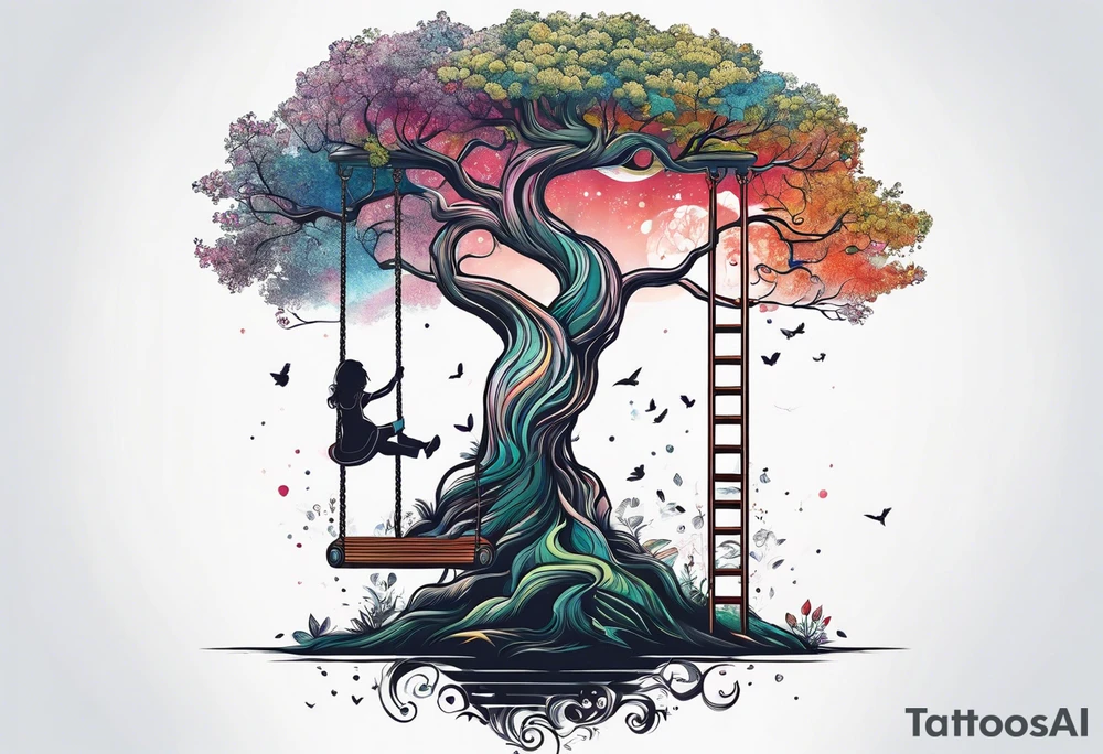 tree of life with swing little girl and man tattoo idea