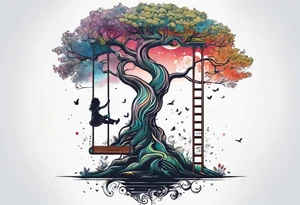 tree of life with swing little girl and man tattoo idea