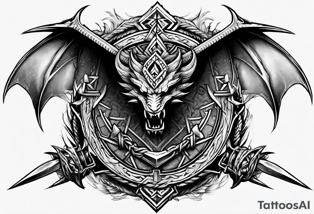 Valhalla sword shield dragon axe Valknut barbed wire chains tattoo idea