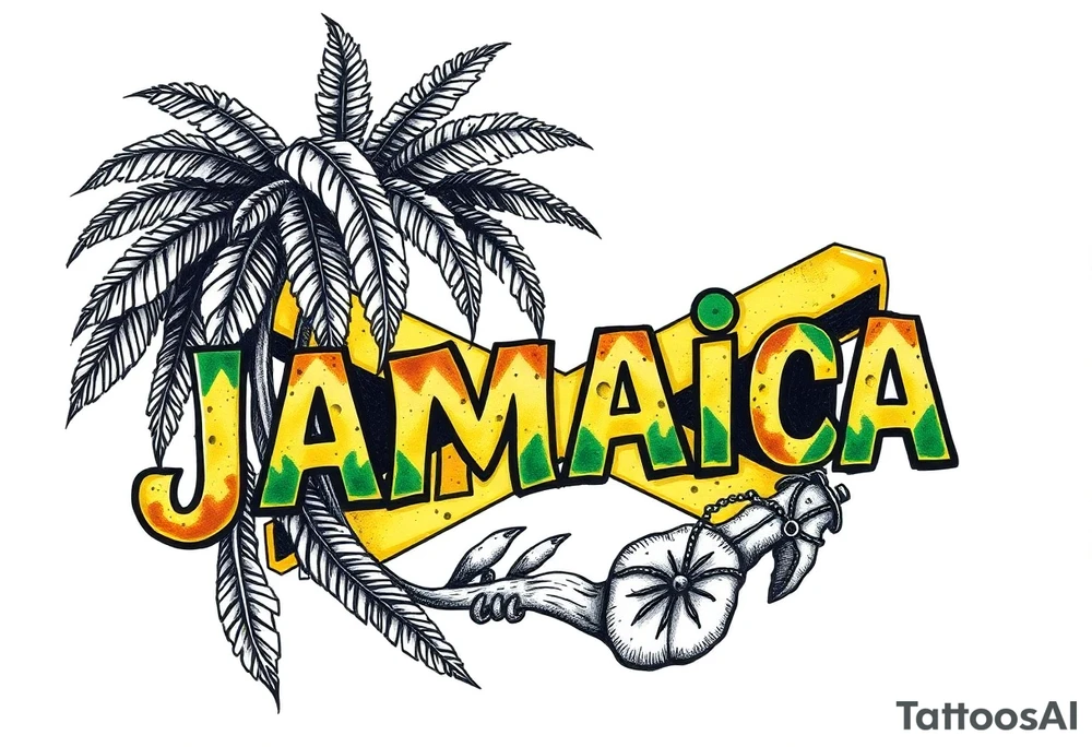 an image that represent jamaican daily island life with the words jamaica in the jamaican flag colors tattoo idea