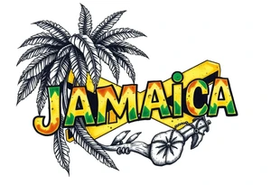 an image that represent jamaican daily island life with the words jamaica in the jamaican flag colors tattoo idea