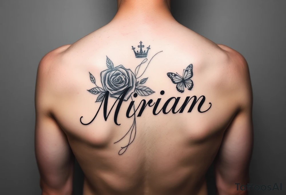 Name tattoo that’s says Miriam with a rose, crown, and butterfly tattoo idea